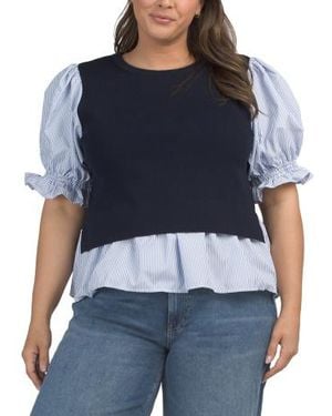 Marshalls Plus Twofer Striped Sweater Overlay Blouse For - Blue
