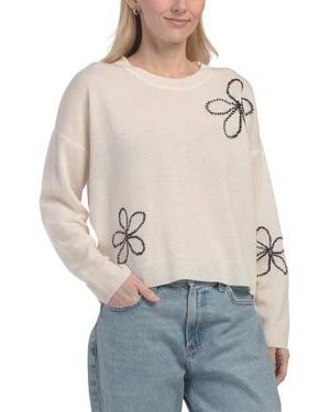 Marshalls Merino Wool Blend Hand Embroidered Floral Crew Neck Sweater For - Natural