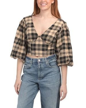 Marshalls Flannel Puff Sleeve Cropped Blouse For - Black