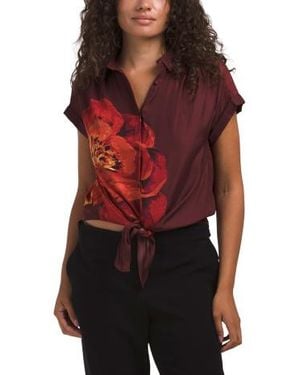 Marshalls Painted Flower Tie Front Short Sleeve Top For - Red