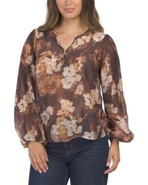 Marshalls Voile Floral Long Sleeve Button Front Popover Top For - Brown