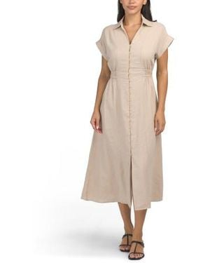Marshalls Linen Blend Collared Button Front Short Sleeve Midi Dress For - Natural