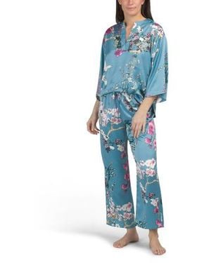 Marshalls 2Pc Sakura Satin Mandarin Collar Pajama Top And Matching Pants Set For - Blue