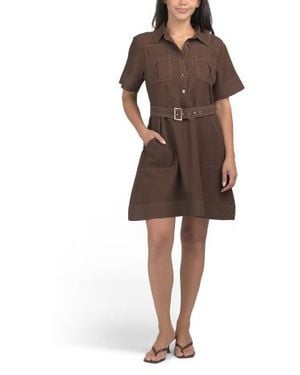 Marshalls Linen Blend Short Sleeve Contrast Trim Mini Dress For - Brown