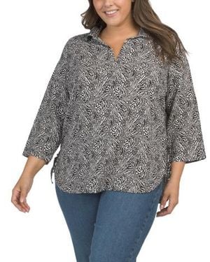 Marshalls Plus Linen Blend Collared Popover Shirt With Side Tie For - Gray