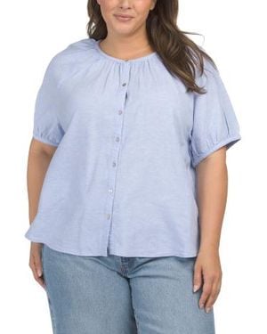 Marshalls Plus Linen Blend Round Neck Button Down Blouse For - Blue