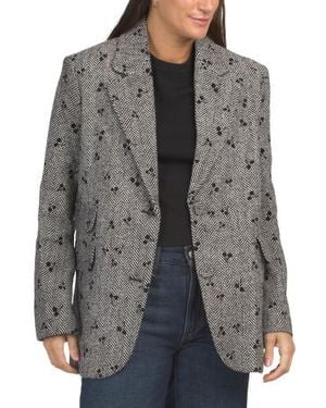 Marshalls Wool Blend Oversized Cherry Motif Single Breasted Herringbone Blazer For - Gray