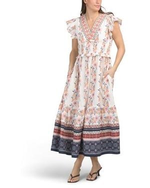 Marshalls Linen Blend Flutter Sleeve Floral Maxi Dress For - White