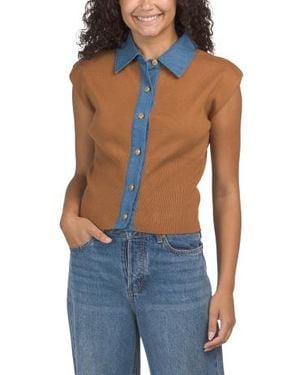 Marshalls Button Up Cardigan With Denim Accents And Collared Neck For - Blue