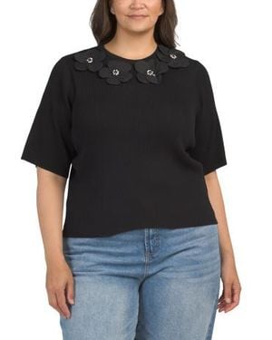 Marshalls Plus Ribbed Knit Top With Floral Applique Details For - Black