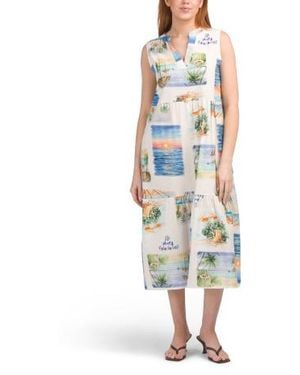 Marshalls Linen Blend Sleeveless Vacation Print Midi Dress For - Blue