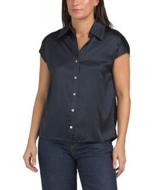 Marshalls Silk Blend Cap Sleeve Button Down Blouse For - Blue