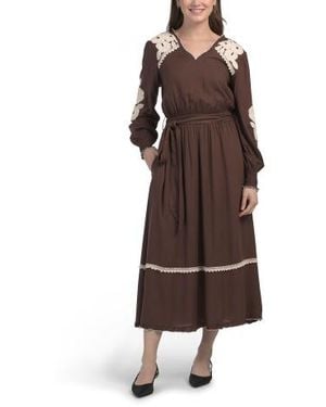 Marshalls Long Sleeve Floral Embroidered Maxi Dress With Belt For - Brown