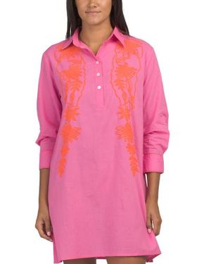 Marshalls Brit Embroidered Tunic Swim Cover-Up Dress For - Pink