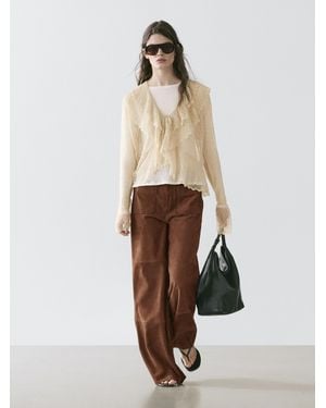 MASSIMO DUTTI Suede Leather Wide-Leg Pants With Pockets - White