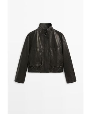 MASSIMO DUTTI Stand Collar Cropped Nappa Leather Jacket - Black