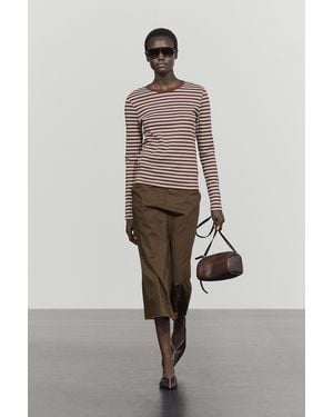 MASSIMO DUTTI 100% Cotton Striped T-Shirt - Brown