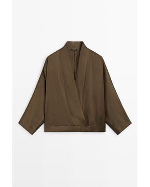 MASSIMO DUTTI Blusa Cruzada Satinada Manga Murciélago - Marrón