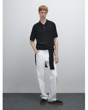 MASSIMO DUTTI Ribbed Knit Polo Shirt - Gray