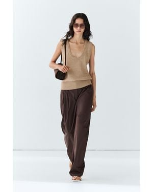 MASSIMO DUTTI Cotton Blend Poplin Pleated Trousers - Brown