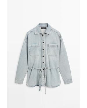 MASSIMO DUTTI Oversize Denim Shirt With Pocket Details - Blue