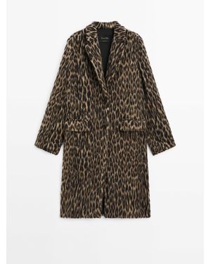 MASSIMO DUTTI Lange Jas Met Dierenprint En Structuur - Bruin