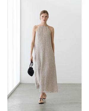 MASSIMO DUTTI Vestido Fluido Cuello Fruncido Mezcla Lino - Blanco