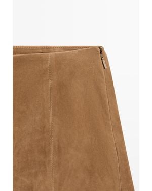 MASSIMO DUTTI Suede Leather Shorts With Seam Details - Natural