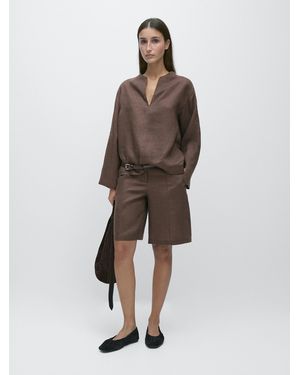 MASSIMO DUTTI 100% Linen Blouse With Topstitching Detail - Brown