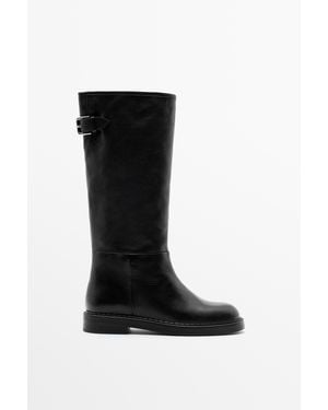 MASSIMO DUTTI Leather Buckle Boots - Black