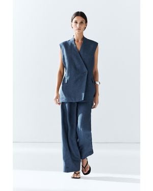 MASSIMO DUTTI Linen Crossover Closure Total Look Vest - Blue