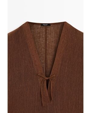 MASSIMO DUTTI Linen Blend Kaftan Dress With Tie Neckline - Brown