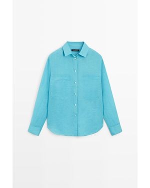 MASSIMO DUTTI Soepelvallend Overhemd Van 100% Ramie Met Zakken - Blauw