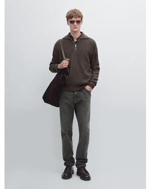 MASSIMO DUTTI Mock Neck Knit Sweater With Zip - Brown