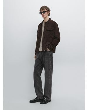 MASSIMO DUTTI Chaqueta Bolsillos Piel Ante - Marrón