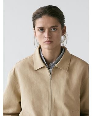 MASSIMO DUTTI Short Suede Leather Jacket With Collar Detail - Natural