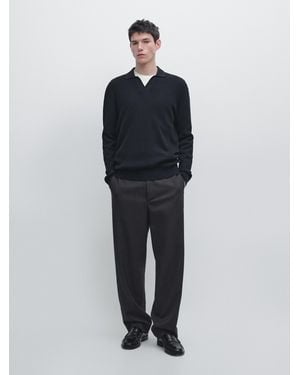 MASSIMO DUTTI Cotton Blend Knit Polo Jumper - Blue