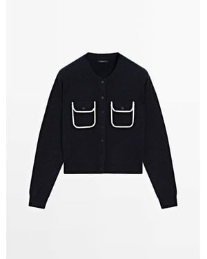 MASSIMO DUTTI Contrast Trim Cardigan With Pockets - Blue