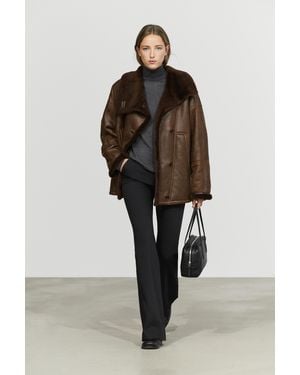 MASSIMO DUTTI Double-Faced Suede Leather Coat With Fur - Brown