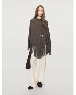 MASSIMO DUTTI Wool Blend Mouliné Knit Cape With Fringing - Natural