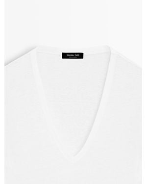 MASSIMO DUTTI Linen V-Neck T-Shirt - White