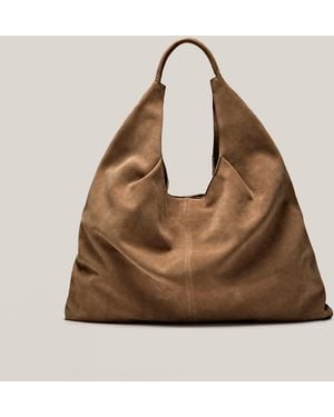 MASSIMO DUTTI Maxi Split Suede Leather Tote Bag - Brown