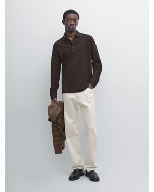 MASSIMO DUTTI Textured Piqué Polo Shirt With Long Sleeves - Brown