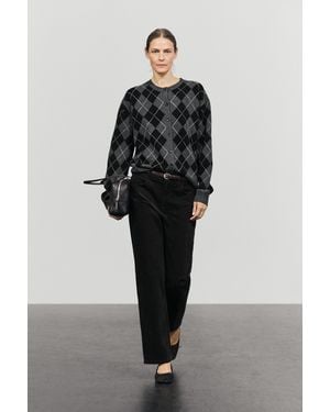 MASSIMO DUTTI 100% Wool Argyle Knit Cardigan - Black