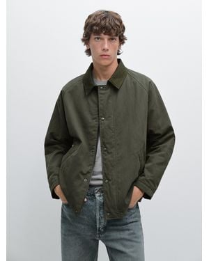 MASSIMO DUTTI Jacket With Leather Collar Detail - Green