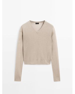 MASSIMO DUTTI Linen V-Neck Knit Jumper - Natural