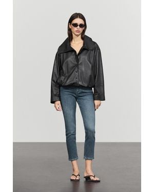 MASSIMO DUTTI Nappa Leather Bomber Jacket With Button Detail - Black