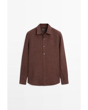 MASSIMO DUTTI 100% Linen Regular Fit Shirt With Button Detail - Brown