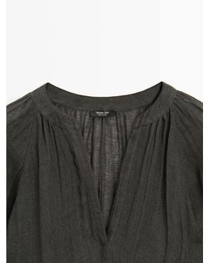 MASSIMO DUTTI Flowing 100% Linen Long Oversize Blouse - Black