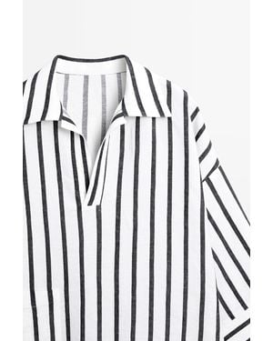 MASSIMO DUTTI Oversize Striped Linen Blend Shirt - Black